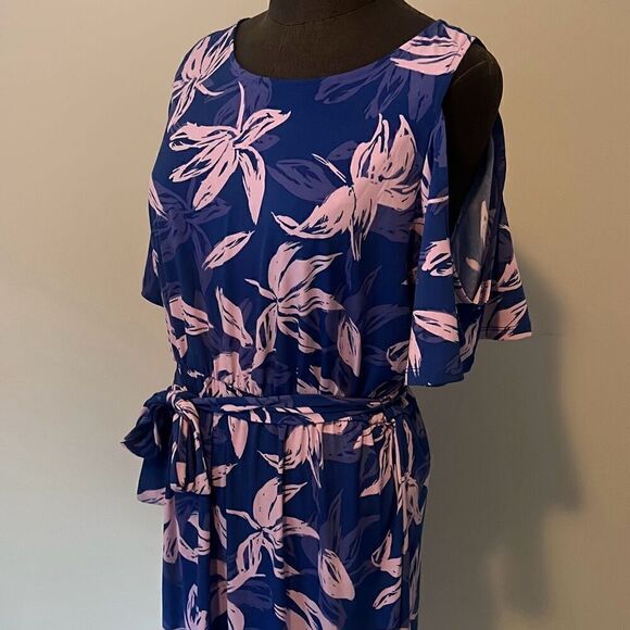 NWT Jaclyn Smith Womens Floral Cold Shoulder Dress Blue - Picture 1 of 9